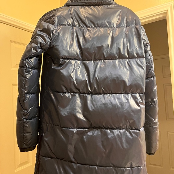 DKNY Women's Metallic Blue Longline Super Puffer Coat - Picture 3 of 4